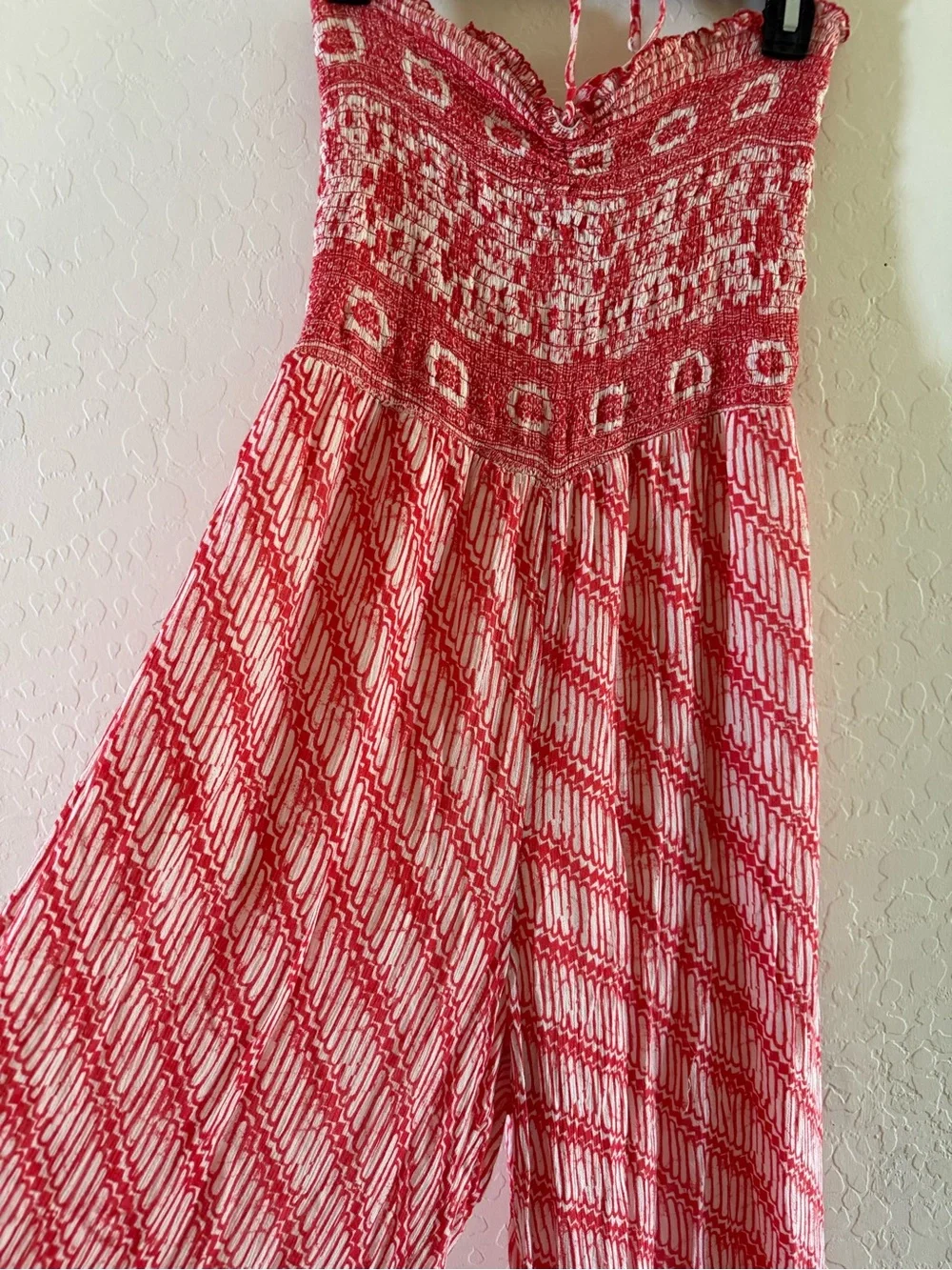 Free People, large, red & white boho-patterned strapless wide-leg jumpsuit